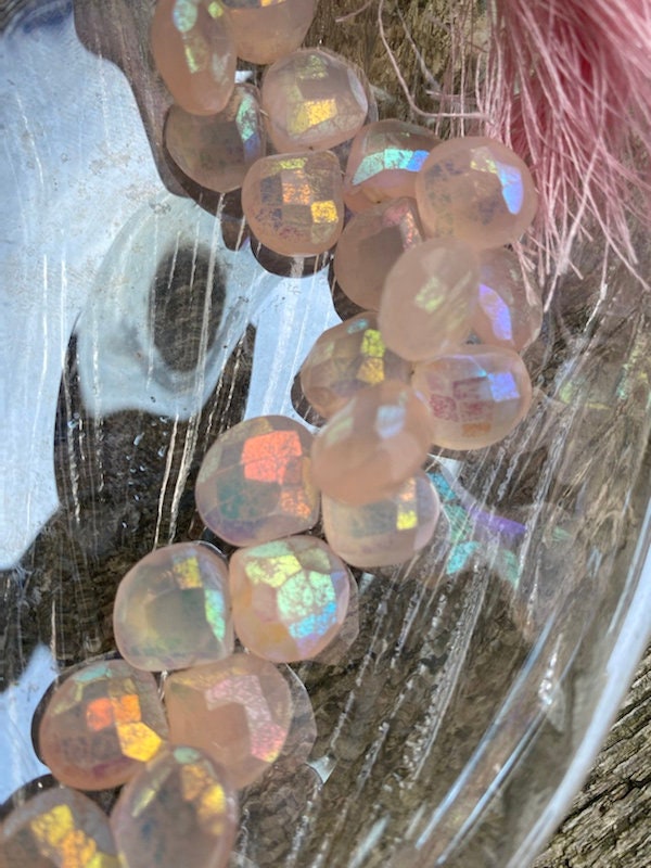 Natural Rustic Pink Mystic AB Coated Chalcedony Faceted Handcut Briolette beads 10-12mm approx CHOOSE QUANTITY heart briolettes