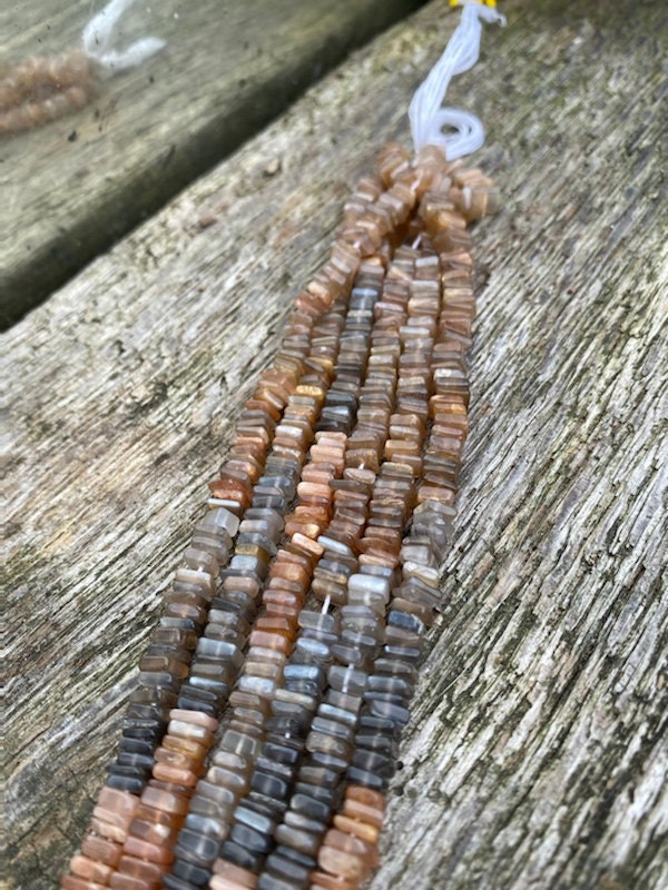 Handcut Square Heishi mixed Sunstone, Peach and Grey moonstone Rustic 5mm approx