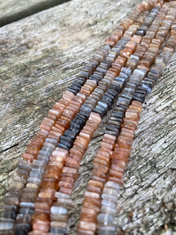 Handcut Square Heishi mixed Sunstone, Peach and Grey moonstone Rustic 5mm approx