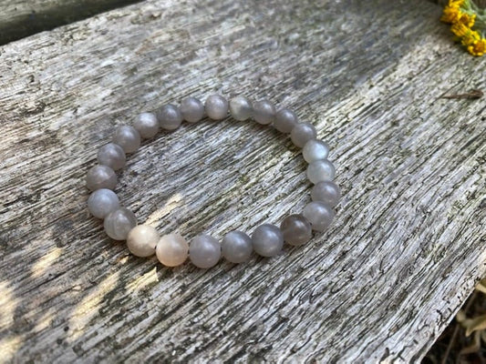 Moonstone stretchy bracelets / heaps of shillah / white, grey and chocolate / 7mm / 7" bracelet
