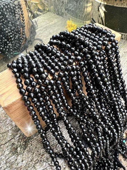 Super sparkly “black diamond” handcut Spinel faceted rounds / 6mm / 16" strands