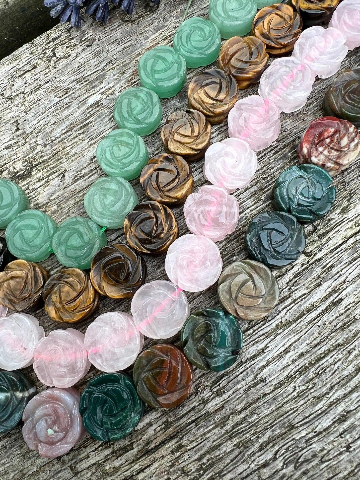 Gemstone Carved Rose Flower Focal Beads Double Backed / Rustic Flower Beads 14mm, 1mm hole size