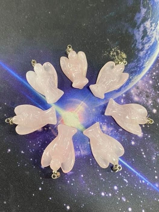 Sweet hand carved Rose Quartz and Opalite pendant Angels 26mm // Rose Quartz Gemstone Beads / Opalite Gemstone Beads