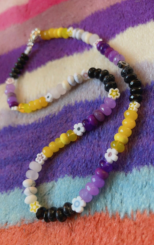 Nobi Gemstone necklace, Yellow, White, Purple, Black /  Custom design / Sailor Clasp - Non Binary all inclusive Jewellery.