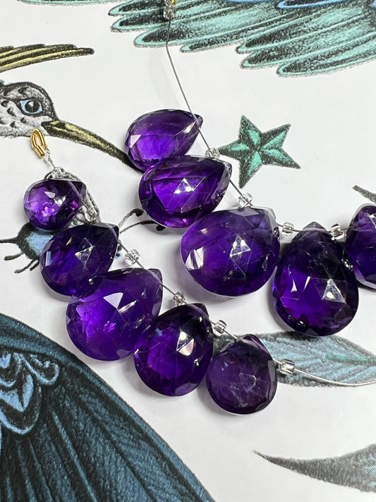 Rustic handcut Brazilian Dark Amethyst Faceted flat pear Briolette Beads 11-17mm Amethyst Beads Purple Amethyst Beads