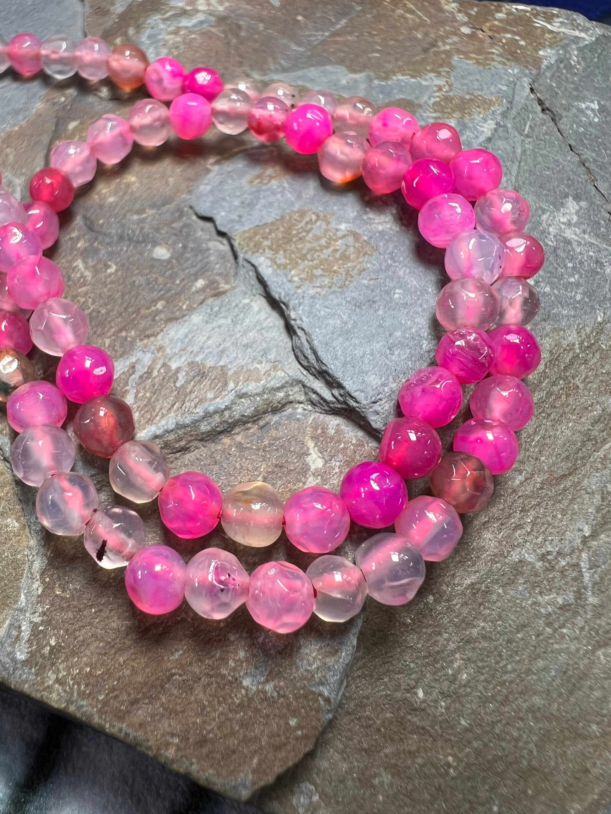 6 x bright Candy pink and clear mix Agate beads / Pink gemstone beads / small order beads / 4mm