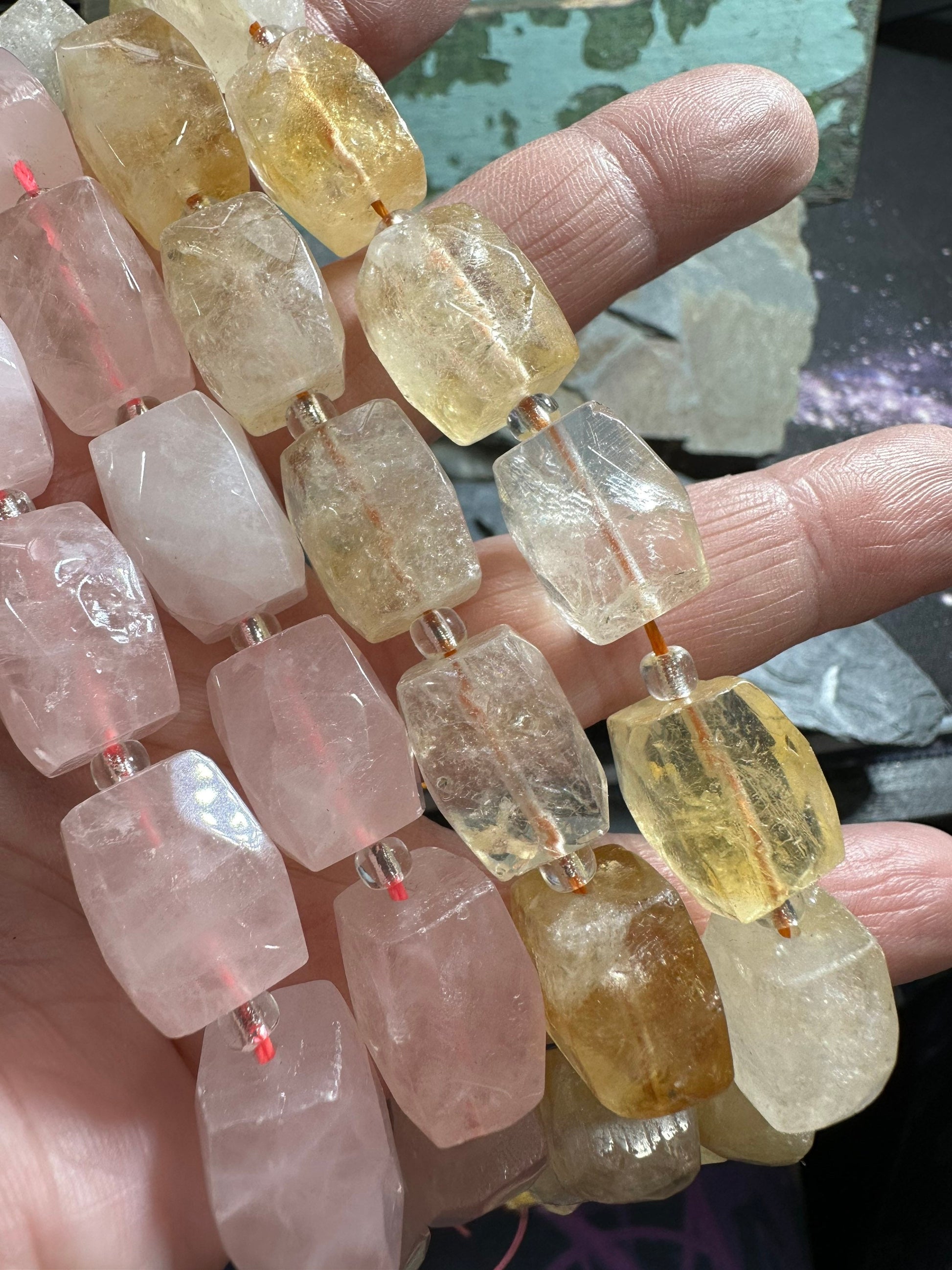 Natural faceted Jewel Gem faceted chunk nugget rectangles. Rose Quartz or Citrine 16mm aprx