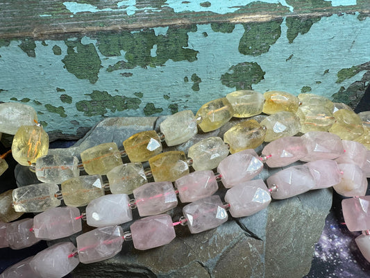 Natural faceted Jewel Gem faceted chunk nugget rectangles. Rose Quartz or Citrine 16mm aprx