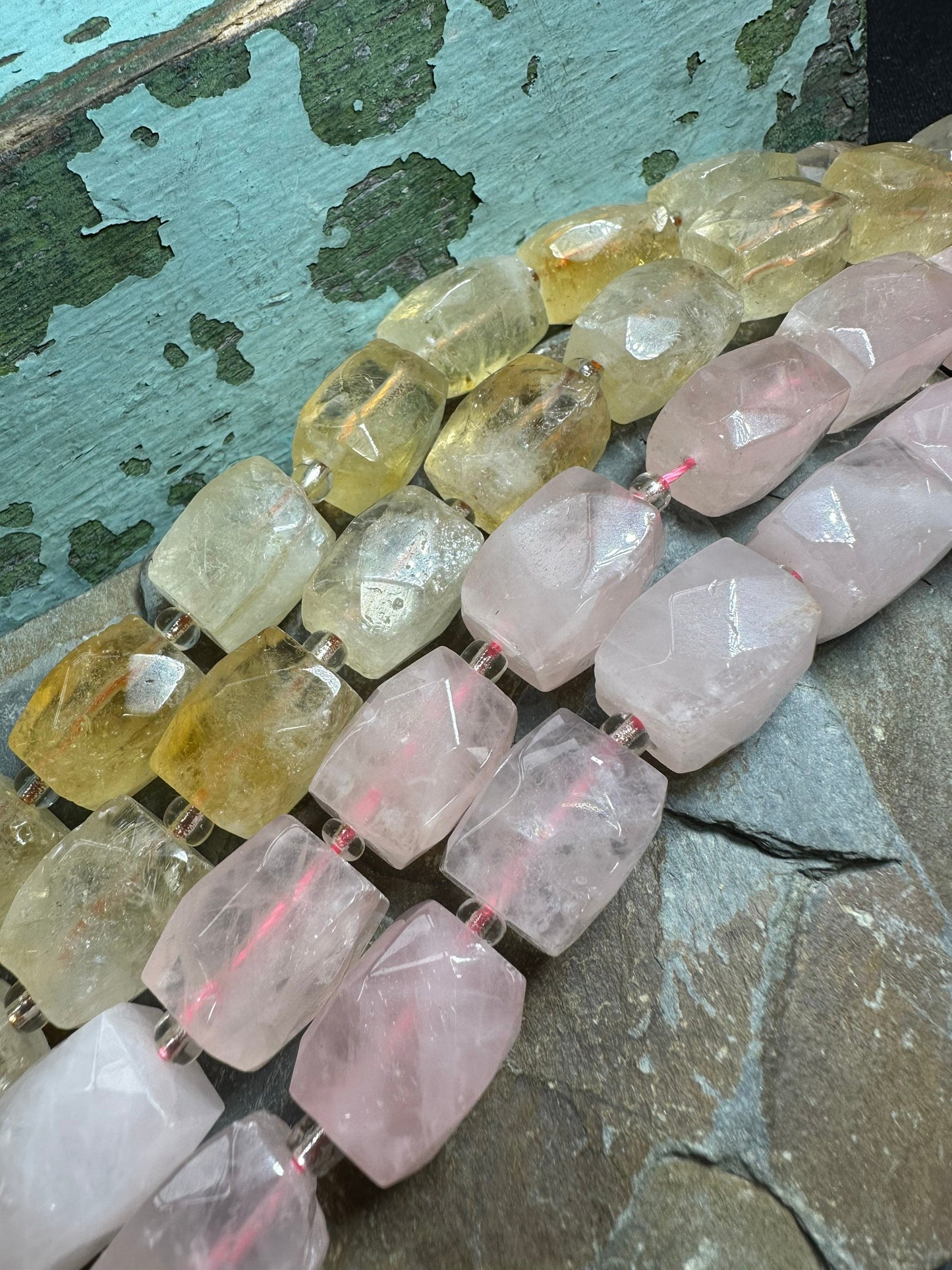 Natural faceted Jewel Gem faceted chunk nugget rectangles. Rose Quartz or Citrine 16mm aprx
