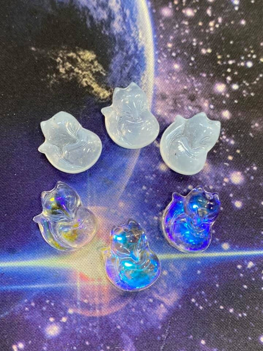 1 BEAD Adorable top drilled glass Foxes. Sweet for pendants or earrings. 18mm / Aurora Borealis or Palest Blue Frosted