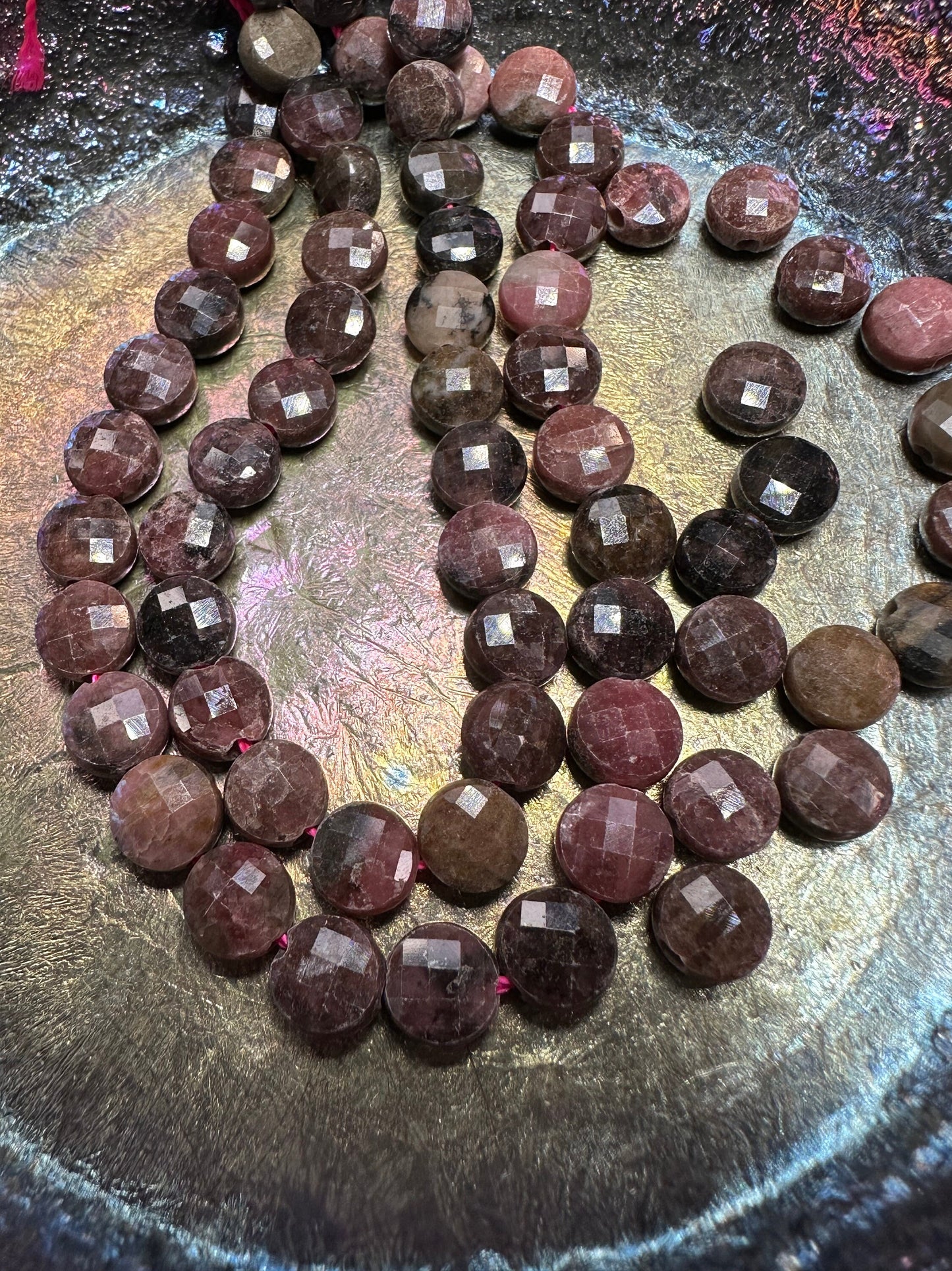 Natural Rhodonite pink black brown Faceted Coin Beads Double Sided 6mm , .8mm hole