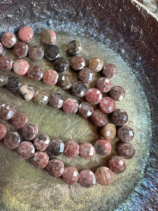Natural Rhodonite pink black brown Faceted Coin Beads Double Sided 6mm , .8mm hole
