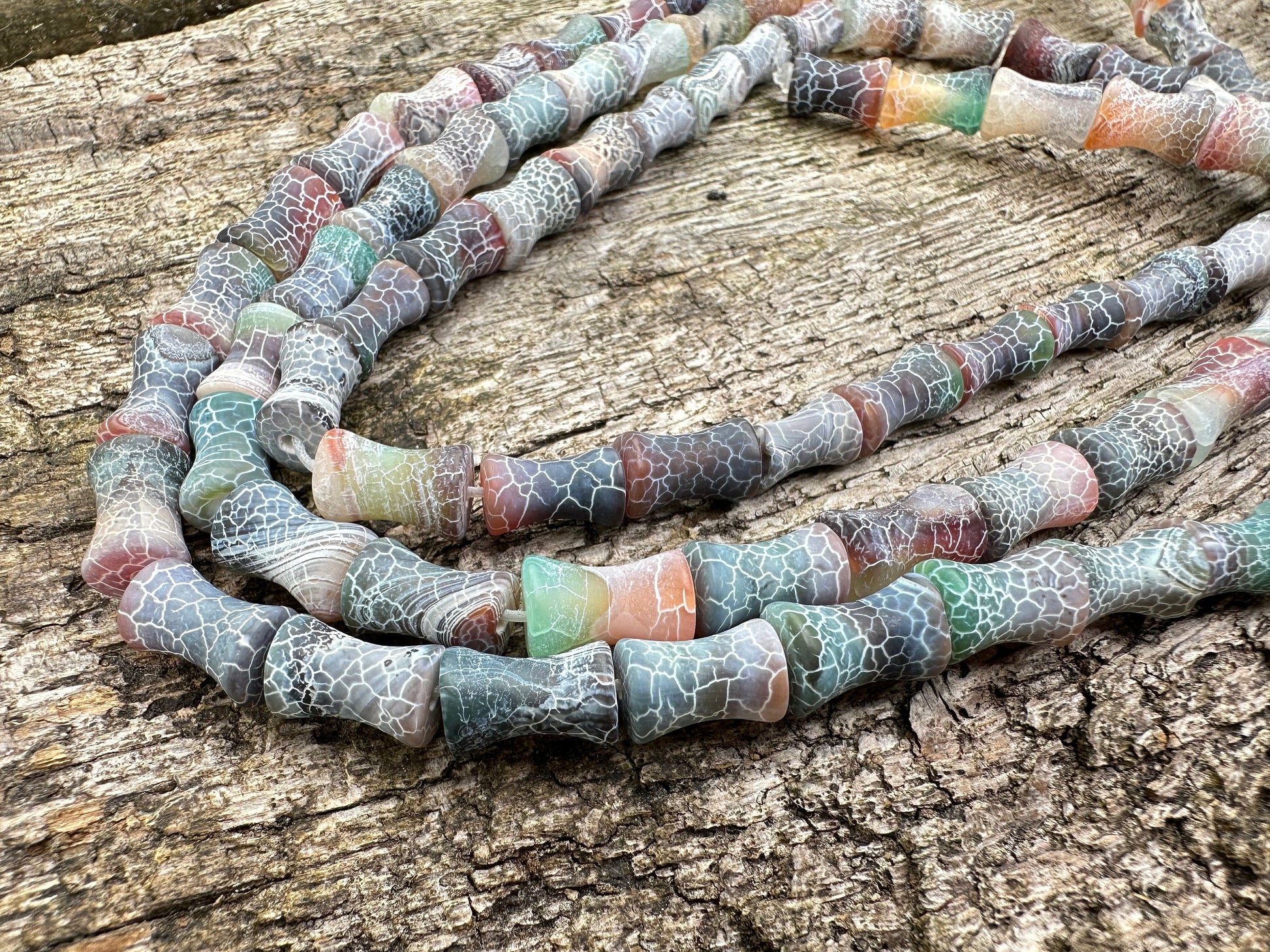 Unique Aged Veined Cracked Agate Nipped in Drums Green Brown 12mm