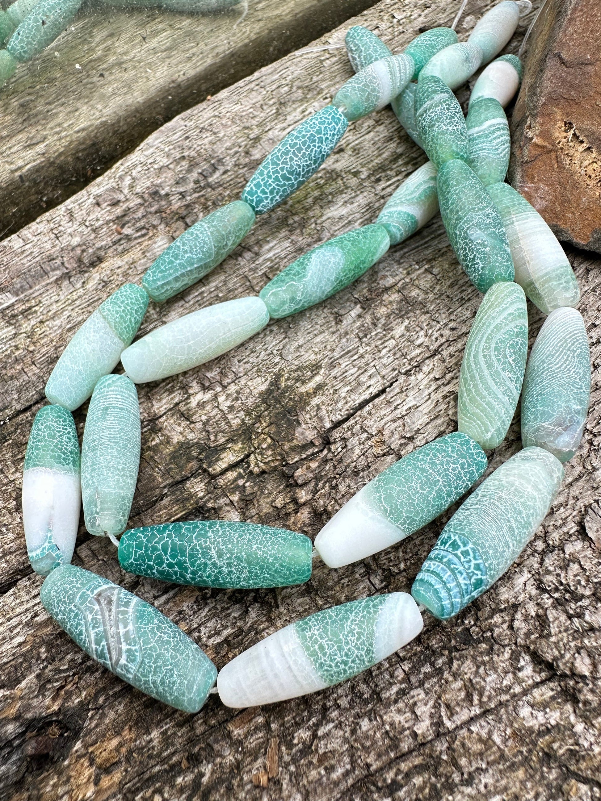 Unique Rustic Aged Veined Cracked Agate Green White toned Long Barrels Drums 30mm