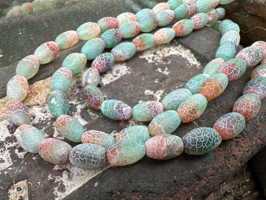 Unique Rustic Aged Veined Cracked Agate green brown orange toned Barrels Drums 12mm