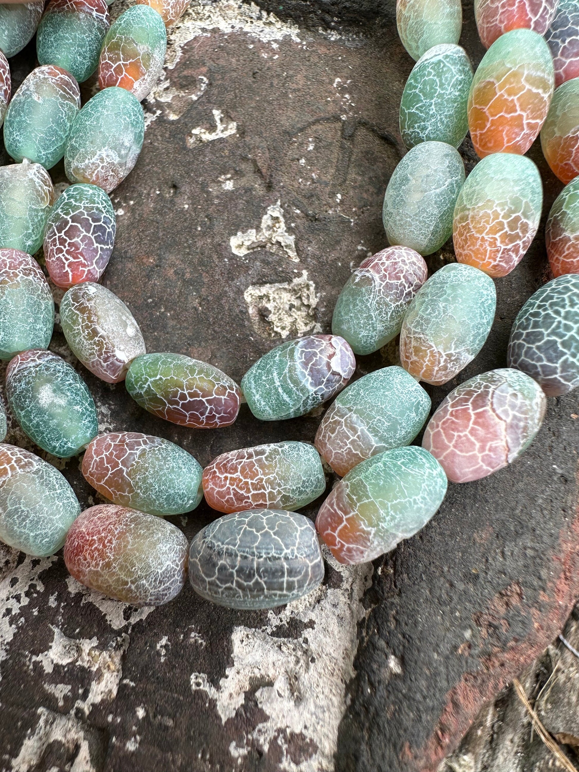 Unique Rustic Aged Veined Cracked Agate green brown orange toned Barrels Drums 12mm