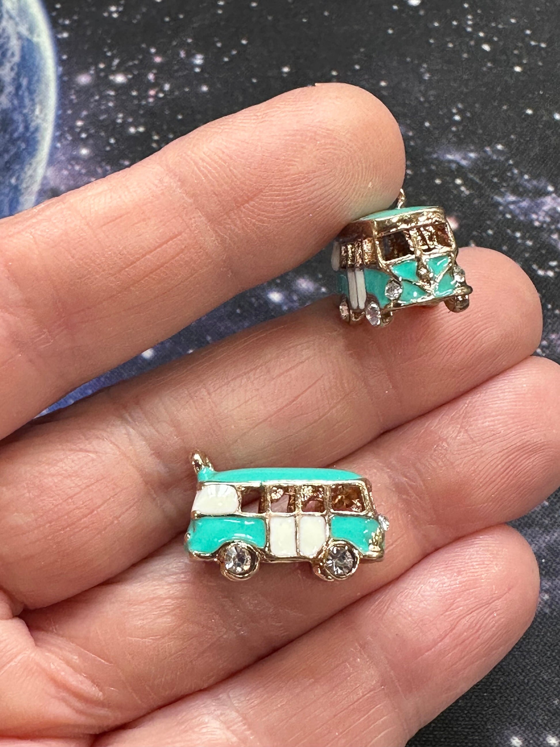 One Gorgeous Enamelled Pink or Blue turquoise Aqua cute Camper Van charms, Gold Plated 20mm Crystal sparkly inset