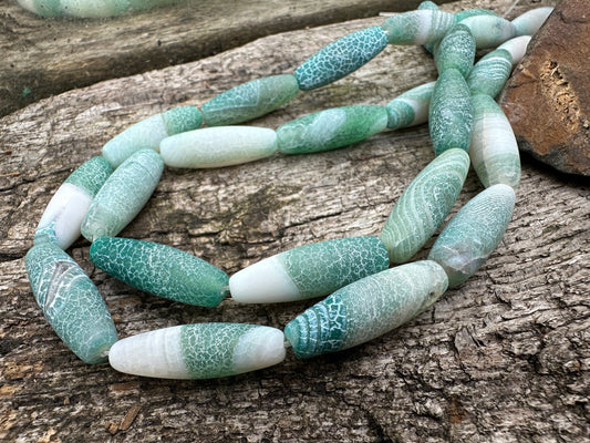Unique Rustic Aged Veined Cracked Agate Green White toned Long Barrels Drums 30mm