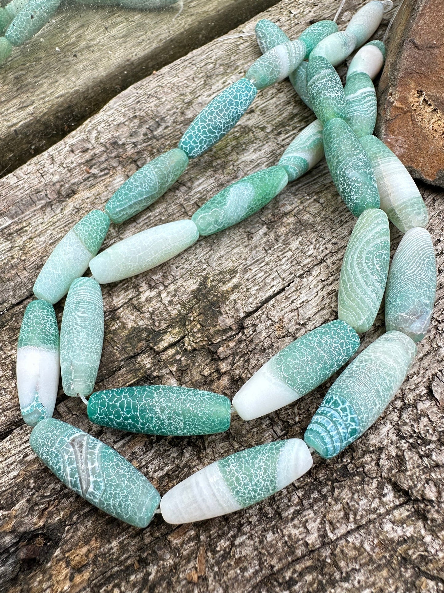 Unique Rustic Aged Veined Cracked Agate Green White toned Long Barrels Drums 30mm