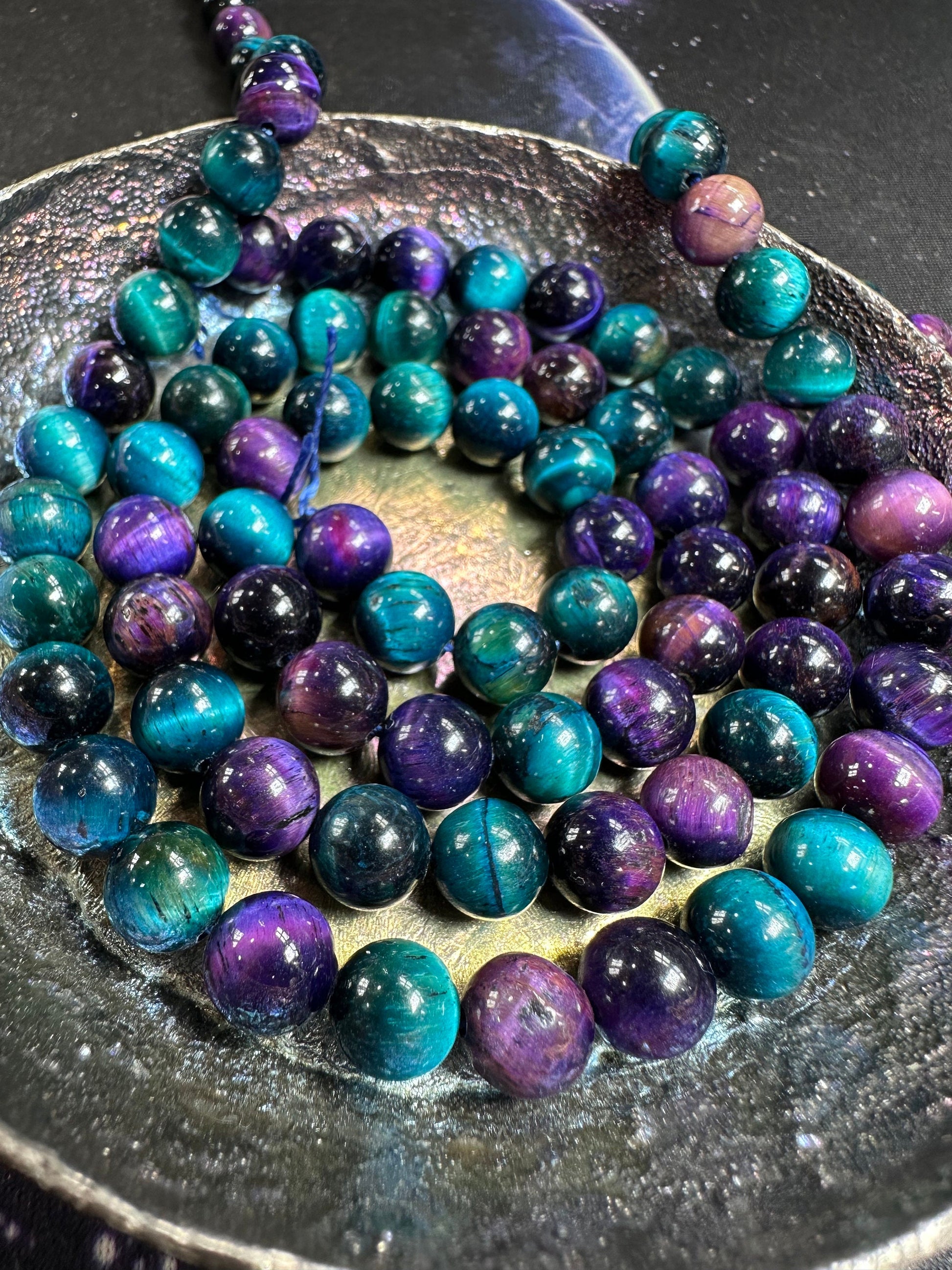 Cosmic Space Planet Like Purple and Turquouse Blue Tigers Eye rounds 8mm choose quantity