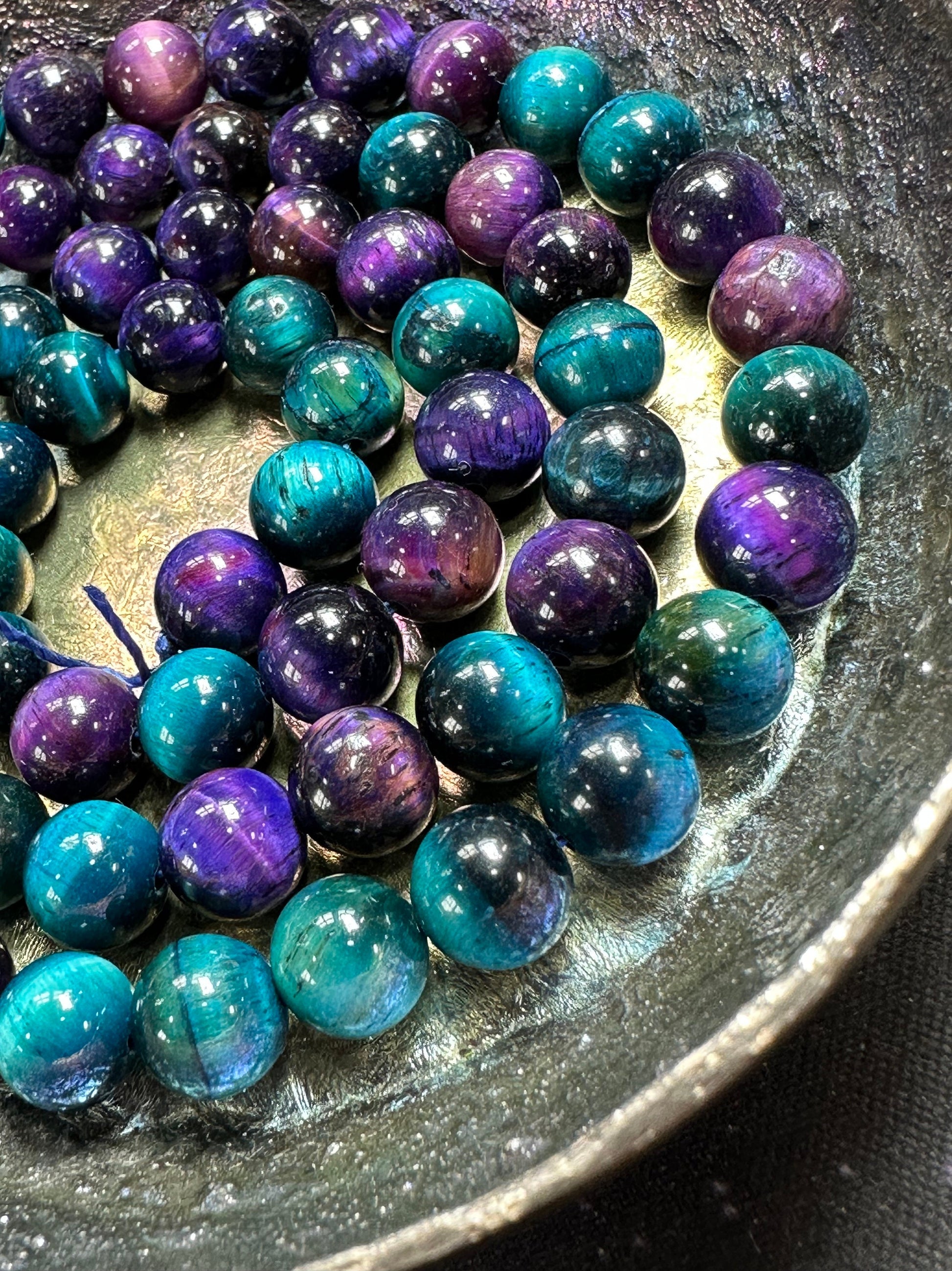 Cosmic Space Planet Like Purple and Turquouse Blue Tigers Eye rounds 8mm choose quantity