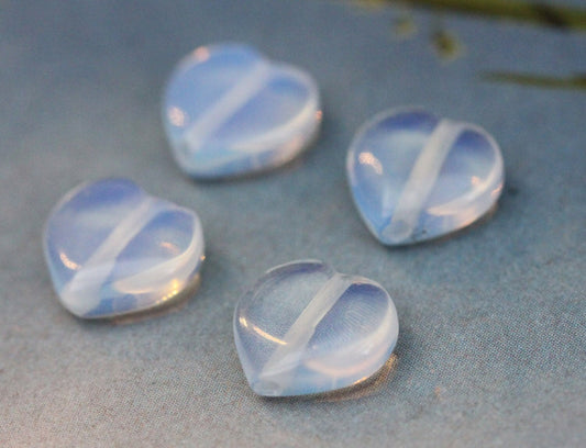 3 x Opalite hearts, 12 mm set of 3 beads Lovely Glowy Moonstone Tones / Vaseline glass 3 x beads