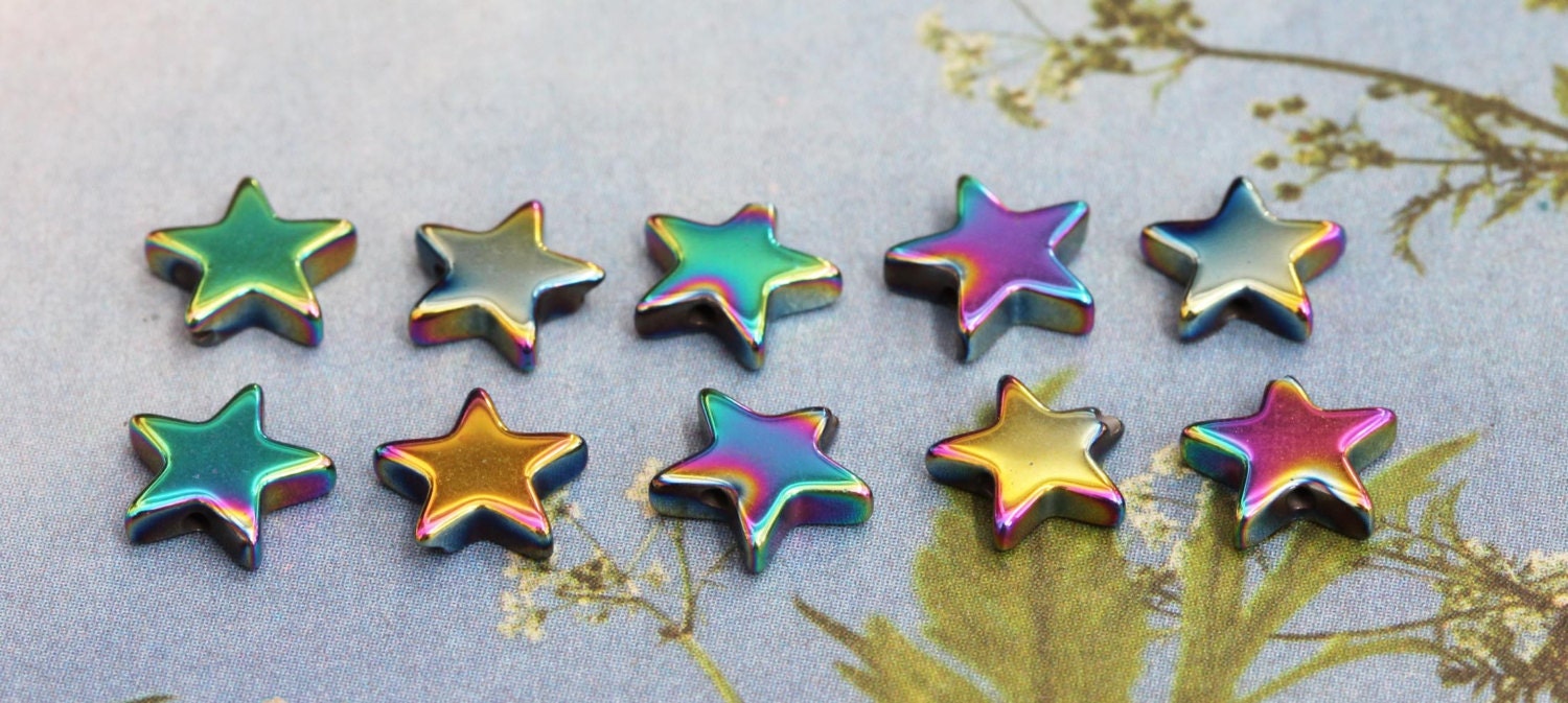 Rainbow Titanium Haematite Gemstone Star Beads 8mm & 10mm / Two Tone Haematite Beads / Mystic Hematite star 10mm 8mm / 4 bead set