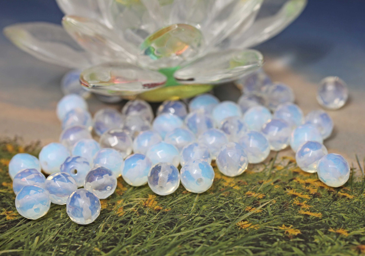 Opalite Faceted Round Beads 4 & 8 mm /Lovely Glowy Moonstone Tones/ Opalite Beads / Sea Opal Beads / Opalite round Beads / 4 beads