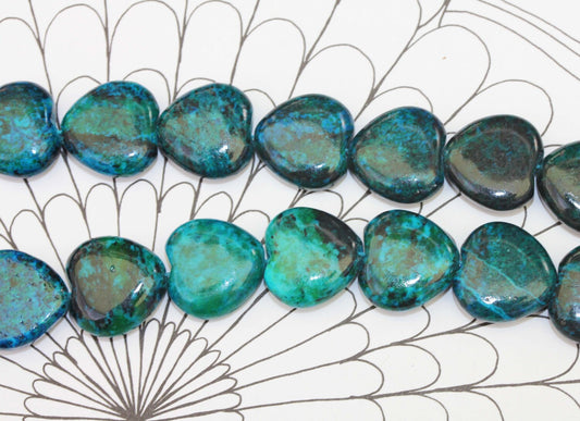 Chrysocolla Heart Beads Fabulous Tones 20mm / Turquoise Green Blue Gemstone Beads / Chrysocolla Beads Rustic - 3 BEADS DYED Stabilised