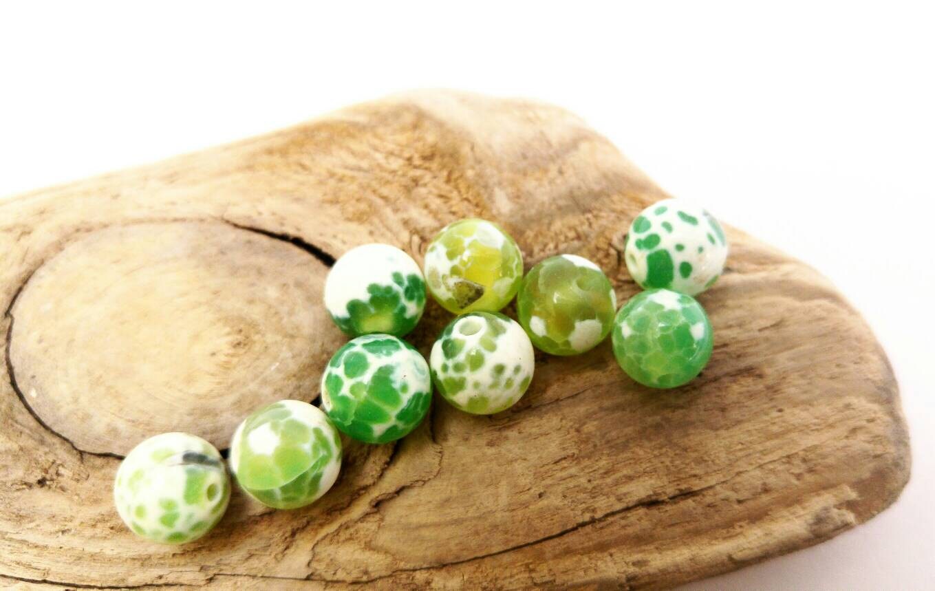 6 BEADS Green yellow Faceted Fire Agate Gemstone Beads 8mm / Snow Agate beads / Cracked Agate Beads Desert Agate Beads / Dragonsvein Agate