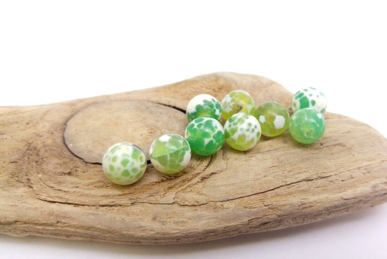 6 BEADS Green yellow Faceted Fire Agate Gemstone Beads 8mm / Snow Agate beads / Cracked Agate Beads Desert Agate Beads / Dragonsvein Agate