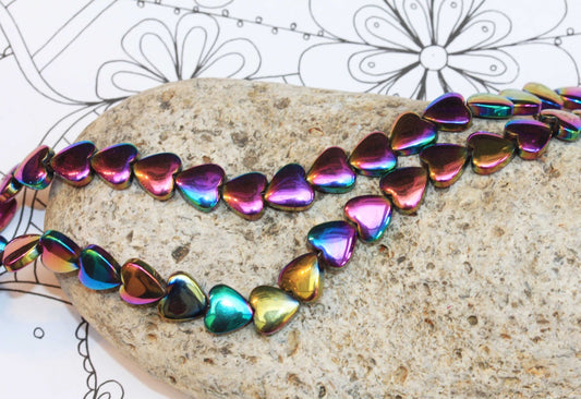Rainbow Titanium Plated Haematite Hearts 8mm SET of 6 beads Wonderful Shine Multi Tones