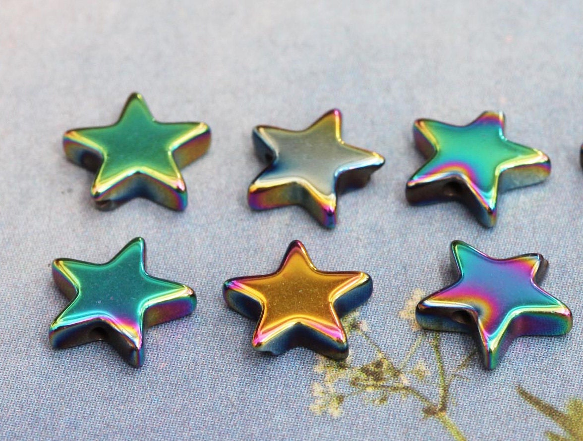 Rainbow Titanium Haematite Gemstone Star Beads 8mm & 10mm / Two Tone Haematite Beads / Mystic Hematite star 10mm 8mm / 4 bead set